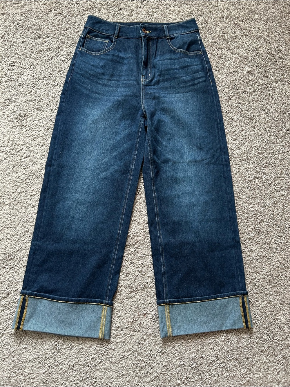 HALARA Dark Blue Wide Leg Jeans with Cuffed Hem